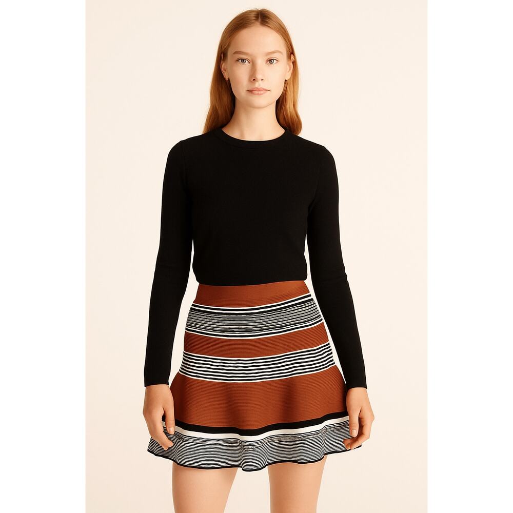 Sandro Paris Jupe Jella Knit Mini Skirt in Brown Black Stripe – Size 2
